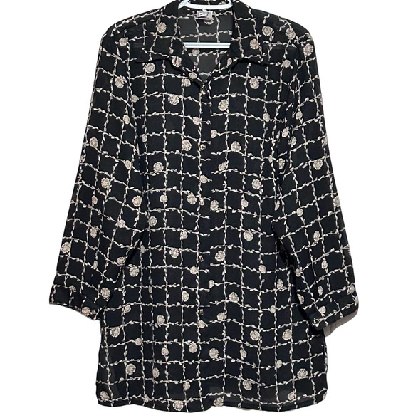 Happy Tex Women's Black Floral Tan Long‎ Sleeve Button Front Sheer Blouse Size S - Picture 1 of 5